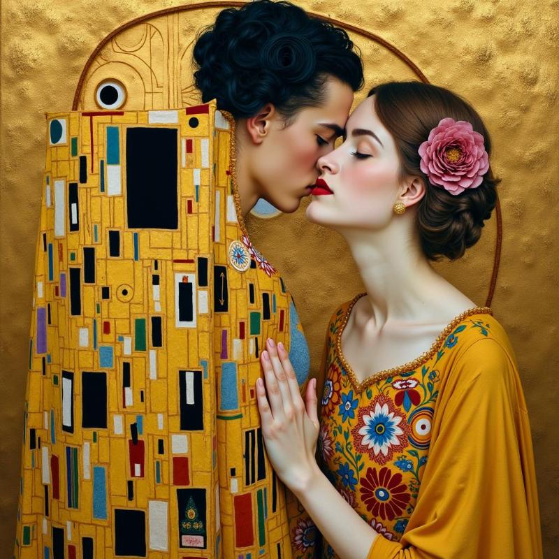 Analyse détaillée du symbolisme et des motifs ornementaux dans Klimt Le Baiser, mettant en lumière l'or et les contrastes géométriques